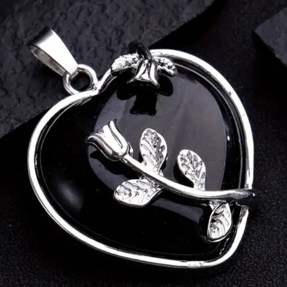 Black Obsidian Natural Gemstone Flower Heart Pendant Necklace Healing Gemstone - Picture 2 of 2